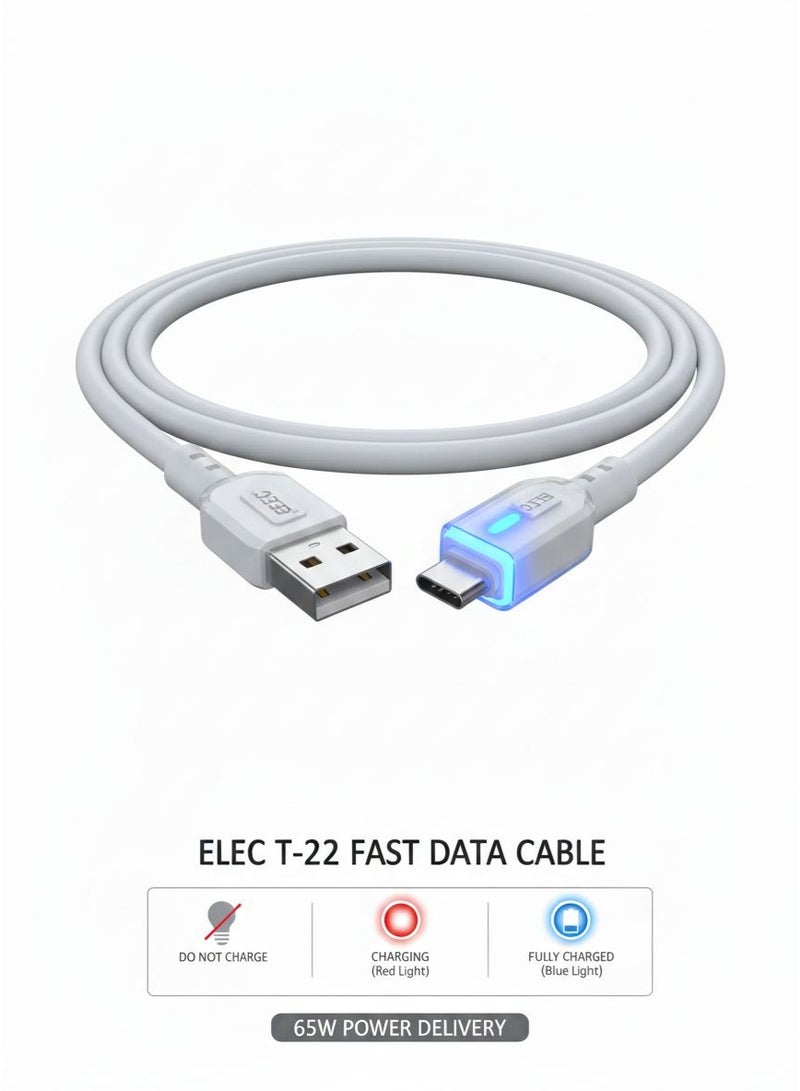 كابل شحن ونقل بيانات سريع ELEC T-22 بقدرة 65 واط - USB إلى Type-C مع مؤشر إضاءة LED ذكي - طول 1 متر - أبيض - Image 4